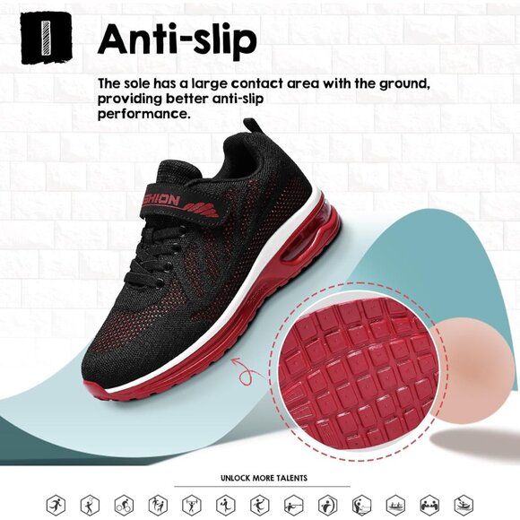 Kids 3208-black Red Running Breathable Lightweight Non Slip Comfortable Sneaker - Picture 5 of 7